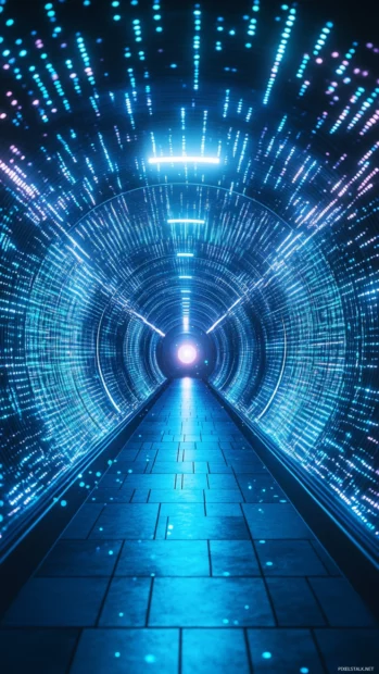 Tunnel of endless blue neon rings illuminated by Blue neon futuristic tunnel.