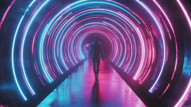 Tunnel of endless neon rings stretching into black, Cool neon dreamscape 4K.