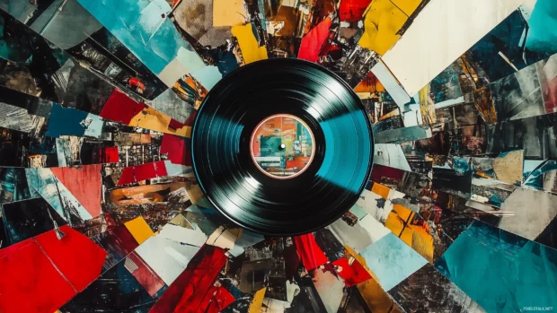 Turntable vinyl, bright shapes, color bursts, reflects music energy.