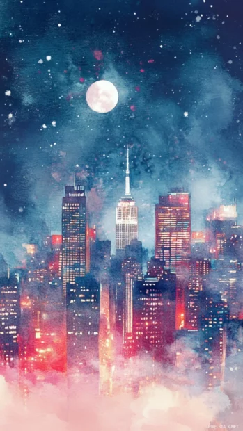 Twilight city lights shimmering through fine watercolor mist, Clean and Elegant style.