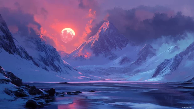 Twilight hues blend above icy mountain peaks in serene silence.