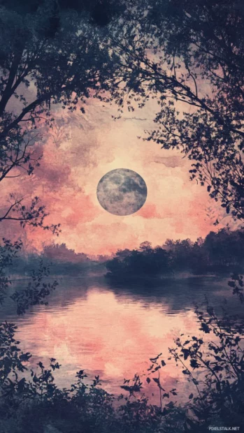 Twilight lakeside enveloped in faded Aesthetic Watercolor glow, Clean and Elegant style.