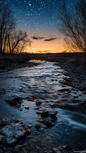 Twilight rivers kissed by fading stars.
