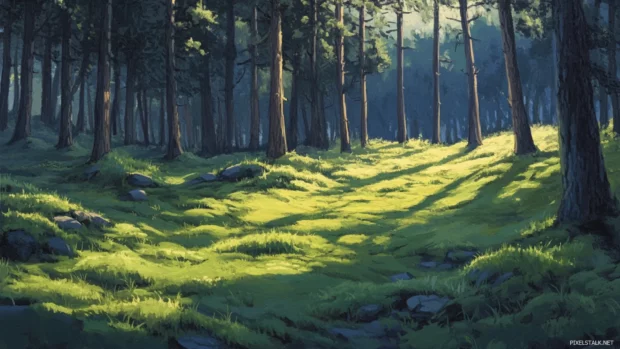 Twilight settles over a quiet pine forest, casting soft shadows on the mossy earth.