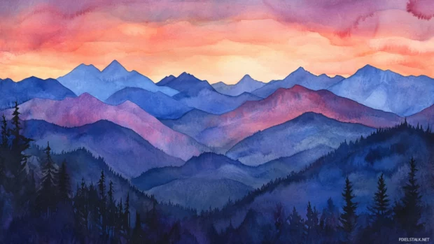 Twilight shadows stretching over watercolor mountain crests.
