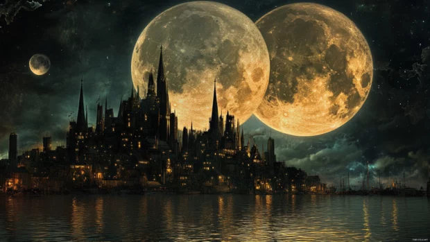 Twin moons rising above an elven harbor city.