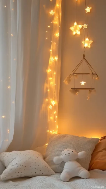 Twinkling star curtains and dreamy mobile over a soft pillow.