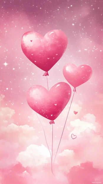 Twinkling stars above Pink Girly skyline with heart balloons floating.