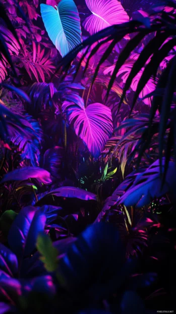 Twisted jungle vines glowing faintly in neon illuminated by Dark neon jungle theme.