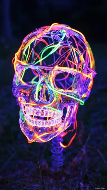 Twisted neon skull wrapped in electric vines.