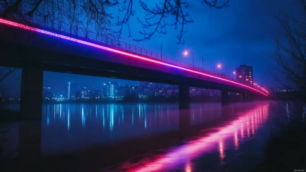 Twisting cool neon bridges across dark river.