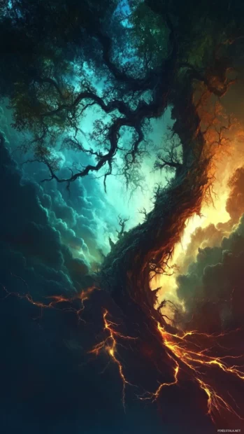 Twisting trees with glowing roots stretching across a dark trippy sky.