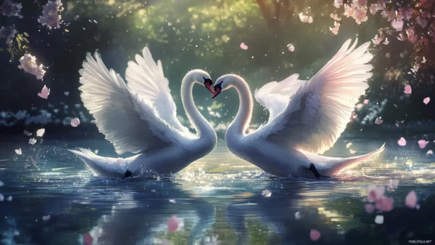 Two Swans dancing across a glassy water surface, part of our best Swans PC Wallpapers.