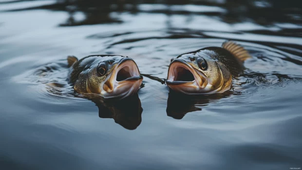 Two bass fish, calm lake swimming, bodies shimmering greenish, soft waves, water reflections.