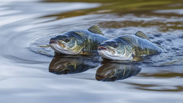 Two bass fish swimming together in a calm lake, their bodies shimmering with a natural greenish tint, surrounded by soft waves and water reflections.