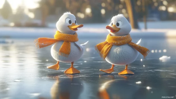 Two duck friends wear matching scarves as they skate across a frozen lake.