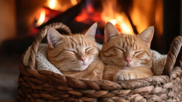 Two ginger cats cuddled in a wooden basket near a fireplace.