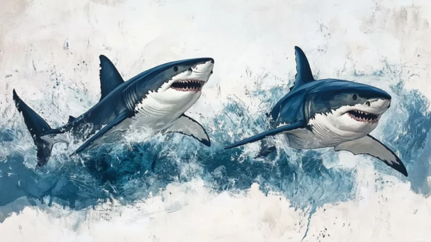 Two great white sharks circling each other in open sea.
