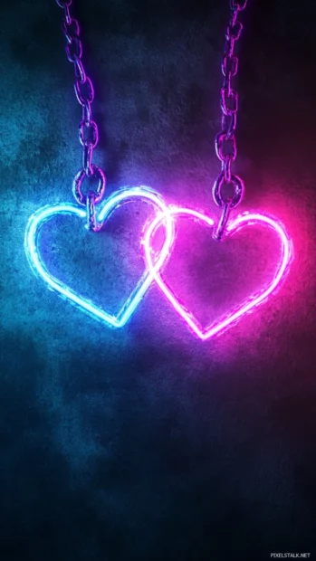 Two intertwined neon hearts glowing together, Double neon heart wallpaper.