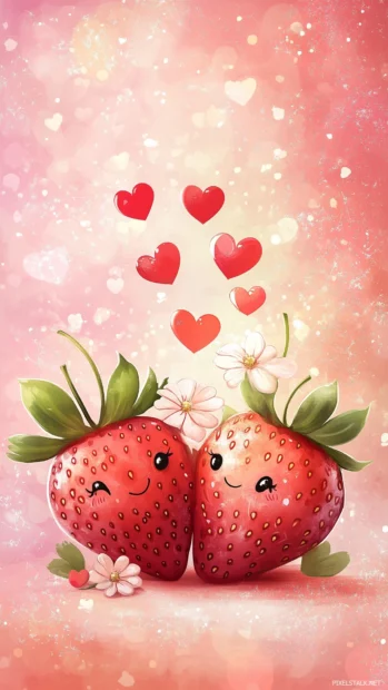 Two kawaii strawberries in love, one holding a flower and the other blushing with cute cartoon hearts floating around them, soft pink and red gradient background.