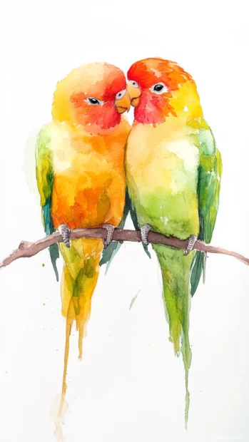 Two lovebirds cuddled together on a branch painted in a romantic watercolor birds painting.