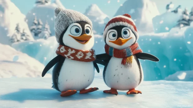 Two penguins in scarves and hats, sliding on ice, surrounded by icebergs and a pale winter sun.