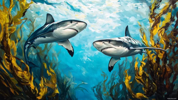 Two sharks racing through kelp forest.