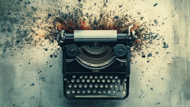 Typewriter forming center of radial street ink burst.