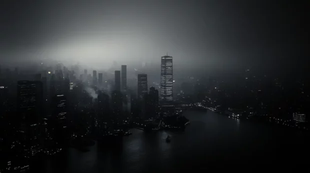 Ultra HD black neon wallpaper, Hazy cityscape bathed in scattered black neon glow.