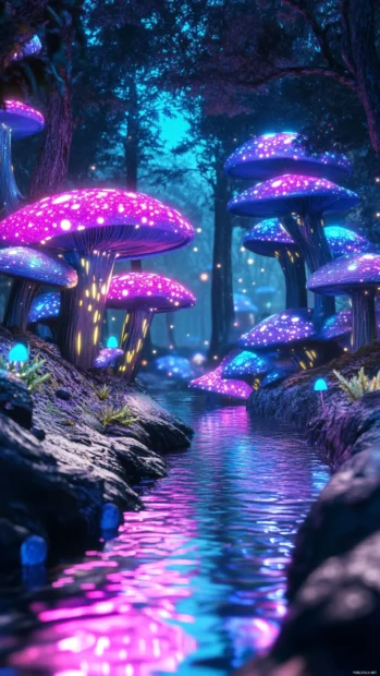Ultra HD neon fantasy scene, Fantasy landscape with glowing mushrooms and neon rivers.
