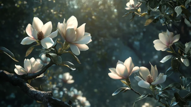 Ultra detailed Magnolias with gentle tones and depth, Flower garden PC background.