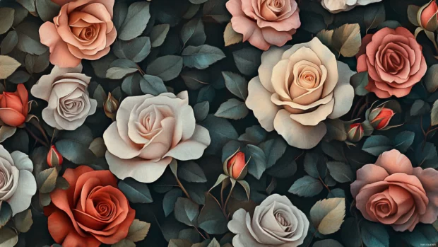 Ultra detailed Roses with gentle tones and depth, flower scenery desktop background.