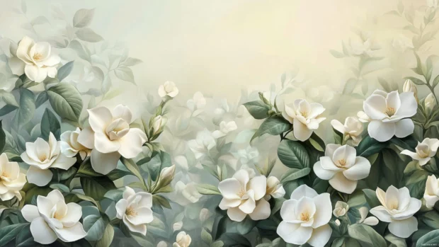 Ultra detailed depiction of Gardenias, Wildflower field wallpaper setting in pastel palette.