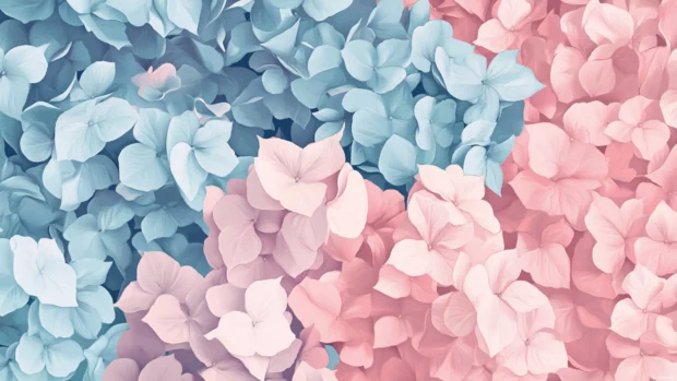 Ultra detailed depiction of Hydrangeas, Spring flower wallpaper for computer setting in pastel palette.