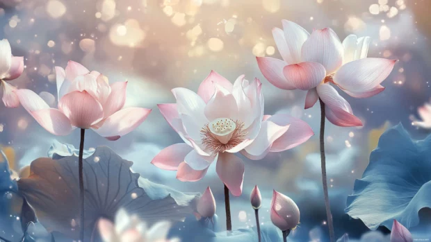 Ultra detailed depiction of Lotus flowers, Pastel flower wallpaper for PC setting in pastel palette.