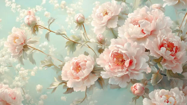 Ultra detailed depiction of Peonies, Blooming flower PC wallpaper setting in pastel palette.