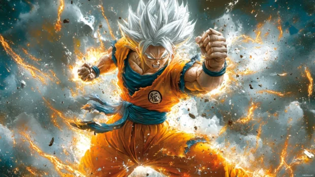 Ultra instinct Goku prepares a punch as sparks crackle around him in this dramatic Goku ultra instinct wallpaper.