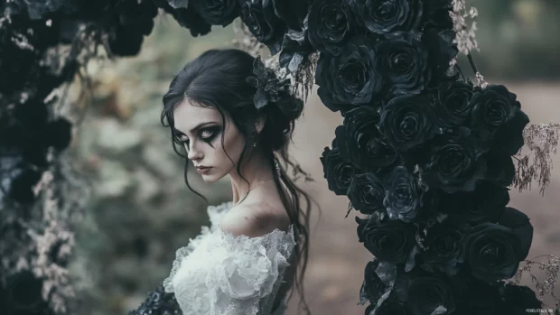 Undead bride waiting under black roses arch.