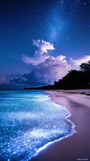 Under a starlit sky, waves sparkle in electric blue on a glowing bioluminescent beach at night.