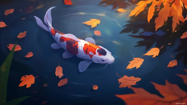 Under soft lighting, colorful koi fish with intricate patterns swim peacefully in a pond surrounded by leaves floating on the surface.
