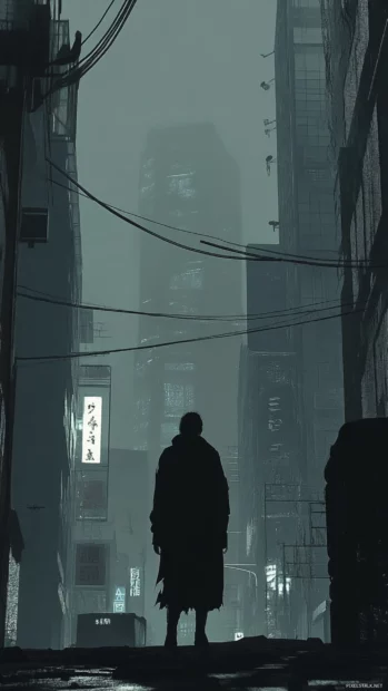 Under the electric skyline, a lone figure stares into the distance, anime cyberpunk aesthetic phone wallpaper style.