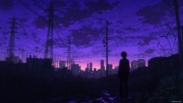 Under the electric skyline, a lone figure stares into the distance, anime cyberpunk aesthetic wallpaper style (2).