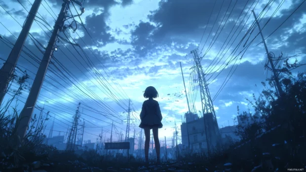 Under the electric skyline, a lone figure stares into the distance, cyberpunk anime aesthetic wallpaper style.