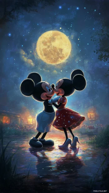 Under the soft moonlight, Mickey Mouse and Minnie dance gracefully together.