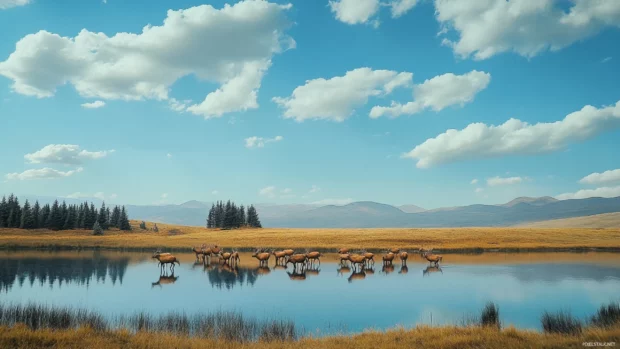 Under the vast sky, a herd of deer grazes quietly beside a lake.