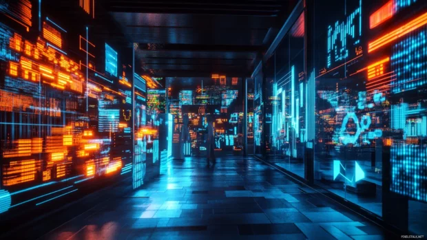 Underground data market bustling with neon activity.