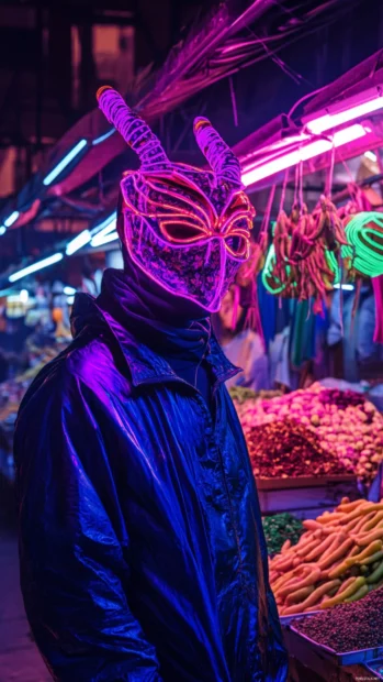 Underground market with neon spices and glowing masks.