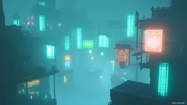 Underground marketplace with glowing signs and android merchants surrounded by mist.