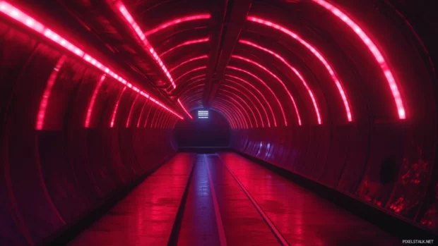 Underground nightclub glowing with red neon lights.