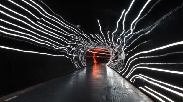 Underground station lit by eerie black neon lines.